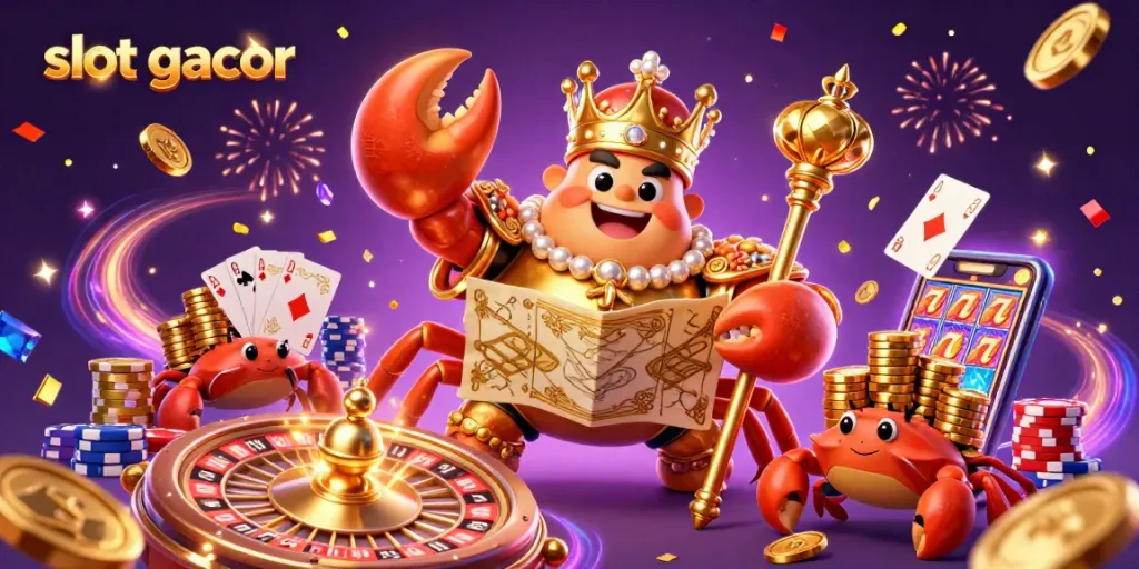 Experience the thrill of slot gacor with a golden crab emperor surrounded by riches and dazzling casino elements.
