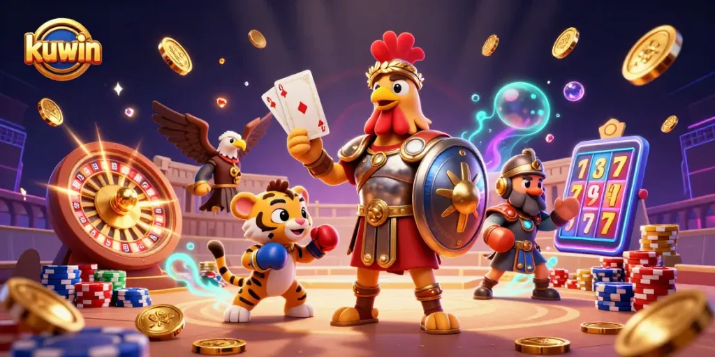 Kuwin offers an exciting gaming experience with a gladiator rooster, colossal poker chips, and sparkling gems.