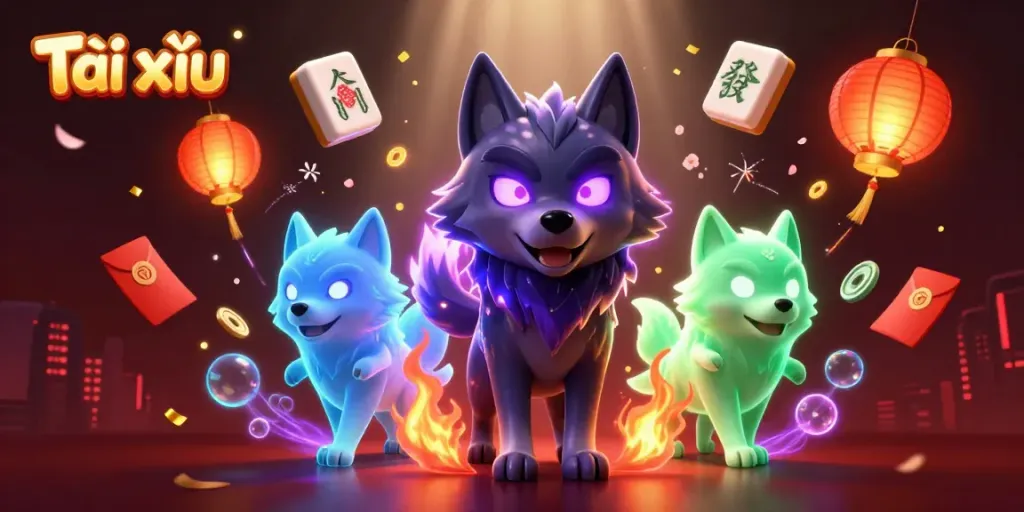 Tài xỉu online scene with spectral wolves and festive casino elements showcasing excitement and opportunity.