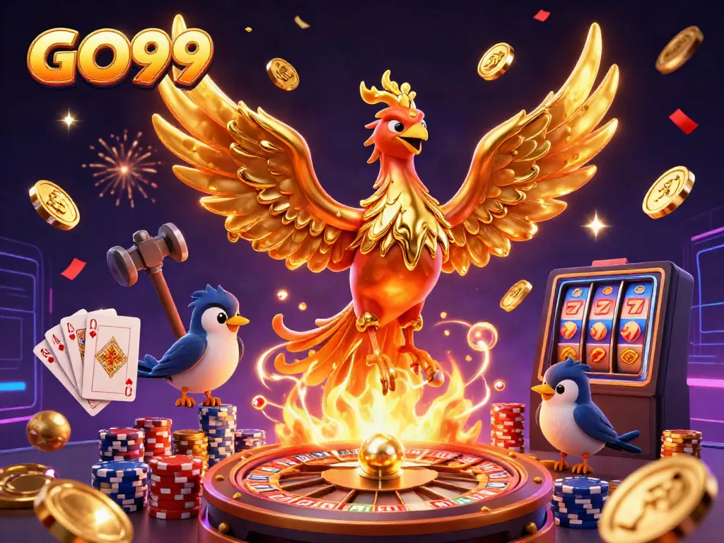 Experience the excitement of GO99 with a golden phoenix and vibrant casino elements bursting with energy.