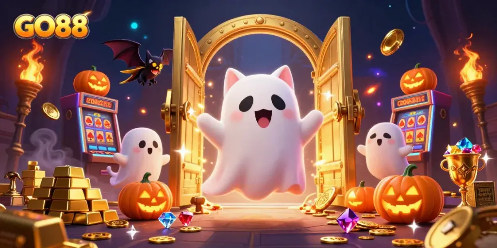 Experience GO88 in a haunted casino scene with a ghost cat and vampire bat amidst glowing treasures.