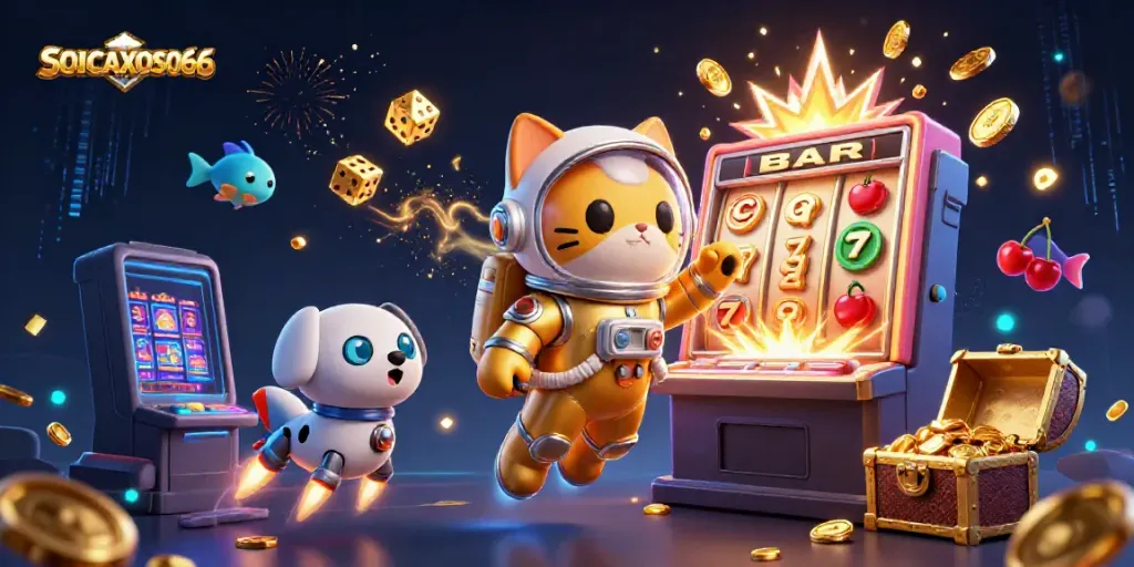 Experience thrilling moments with SOICAUXOSO66, as a space cat and robot dog win big in a cosmic casino.