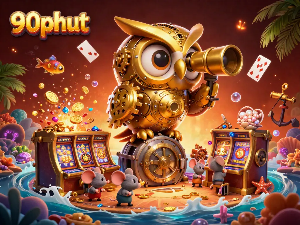 Experience thrilling wins on 90phut with vibrant cartoon scene of an owl and mice enjoying casino games.