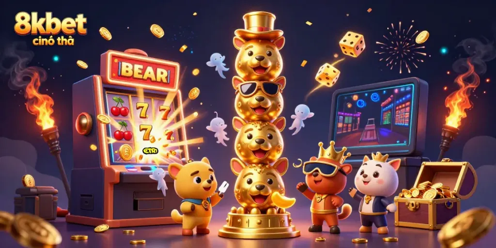 Experience the thrill of 8kbet chính thức with vibrant casino elements and dynamic action in this immersive illustration.