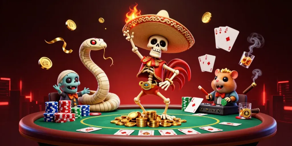 Experience the excitement of KU WIN as a skeleton mariachi rooster celebrates atop gold coins.