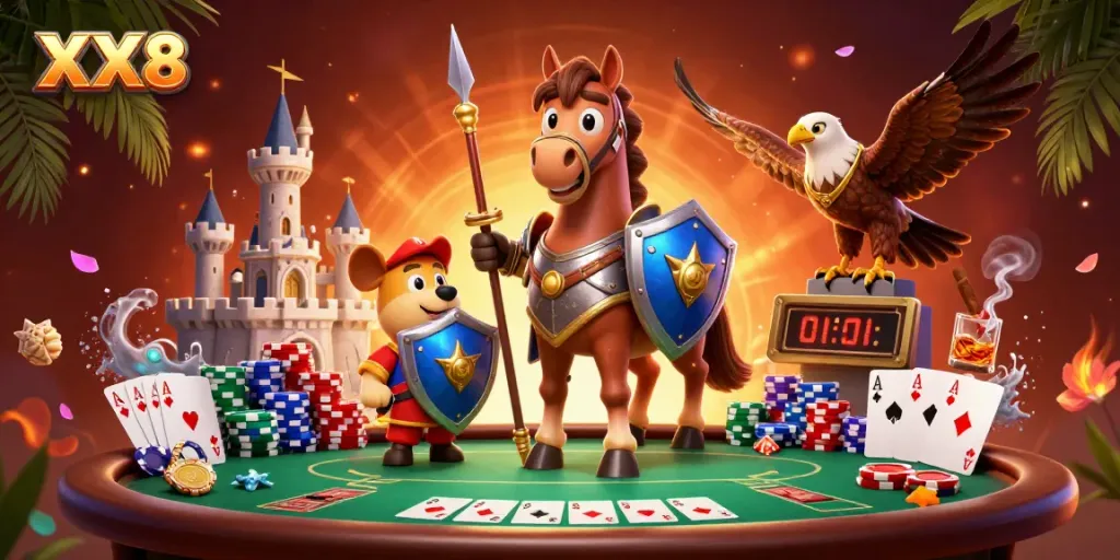 Join the action at XX8 as a medieval knight and squire play poker surrounded by vibrant decorations.