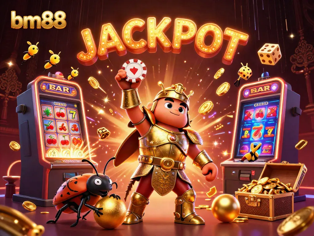 Experience the thrill of bm88 with beetles lifting poker chips amidst vibrant casino elements.