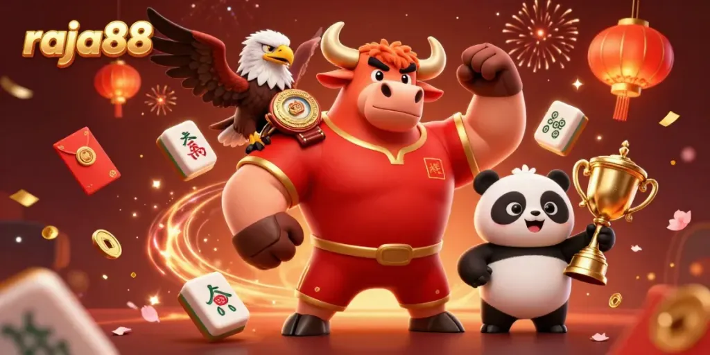 Engage in the thrilling world of raja88 with our cartoon mascots celebrating a big win.