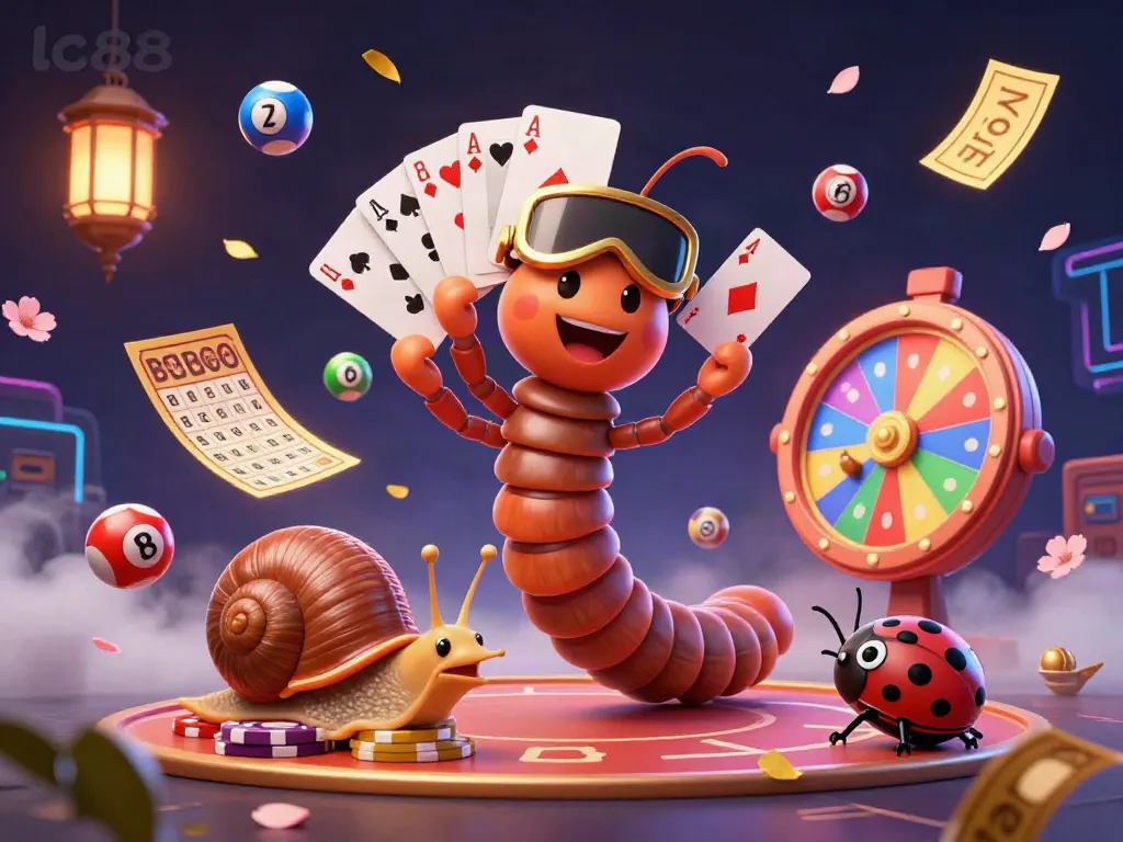 Experience the excitement of lc88 with a lively 3D illustration featuring a millipede dealer and colorful lottery elements.
