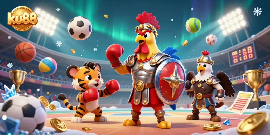 Engage in thrilling sports betting at ku88, featuring a lively arena with a rooster and tiger in action.