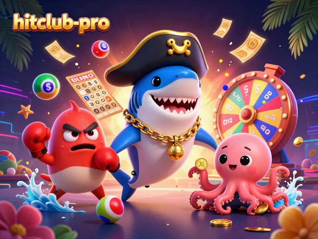 Engage with hitclub-pro's vibrant casino experience depicted in a dynamic underwater scene, featuring playful animated characters.