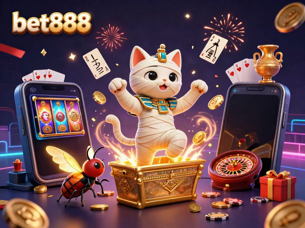 Bet888 offers thrilling gaming with a 3D Egyptian mummy cat bursting from a sarcophagus in a vivid pyramid casino.