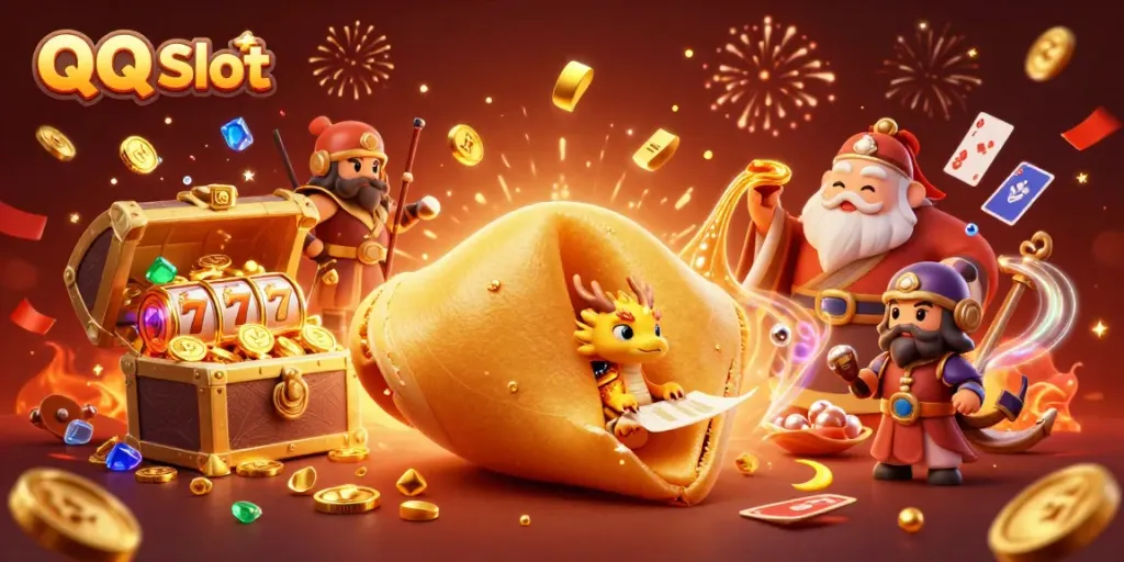 Win big with QQ Slot in this dynamic and vibrant 3D casino scene featuring magical treasures.