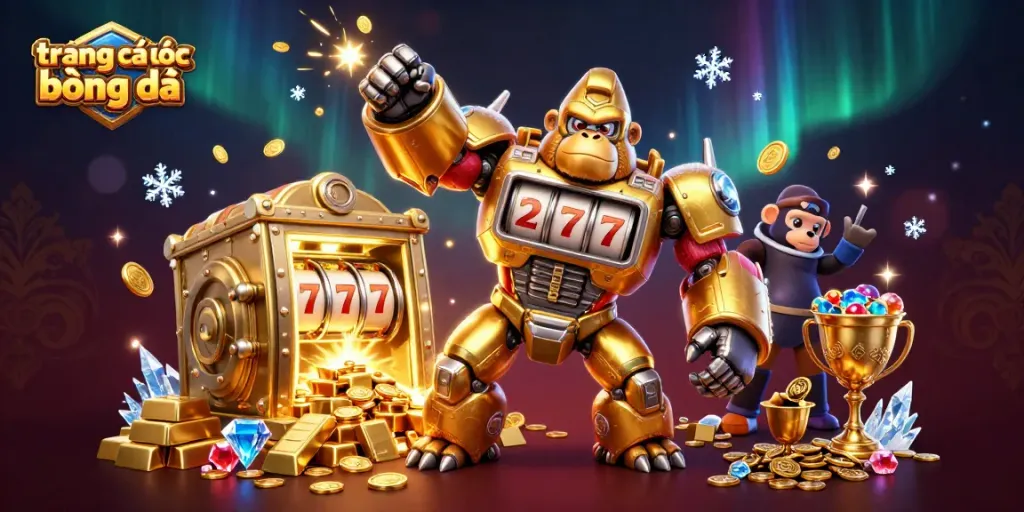 Place bets on trang cá cược bóng đá with dynamic digital illustration showcasing a golden gorilla mech.