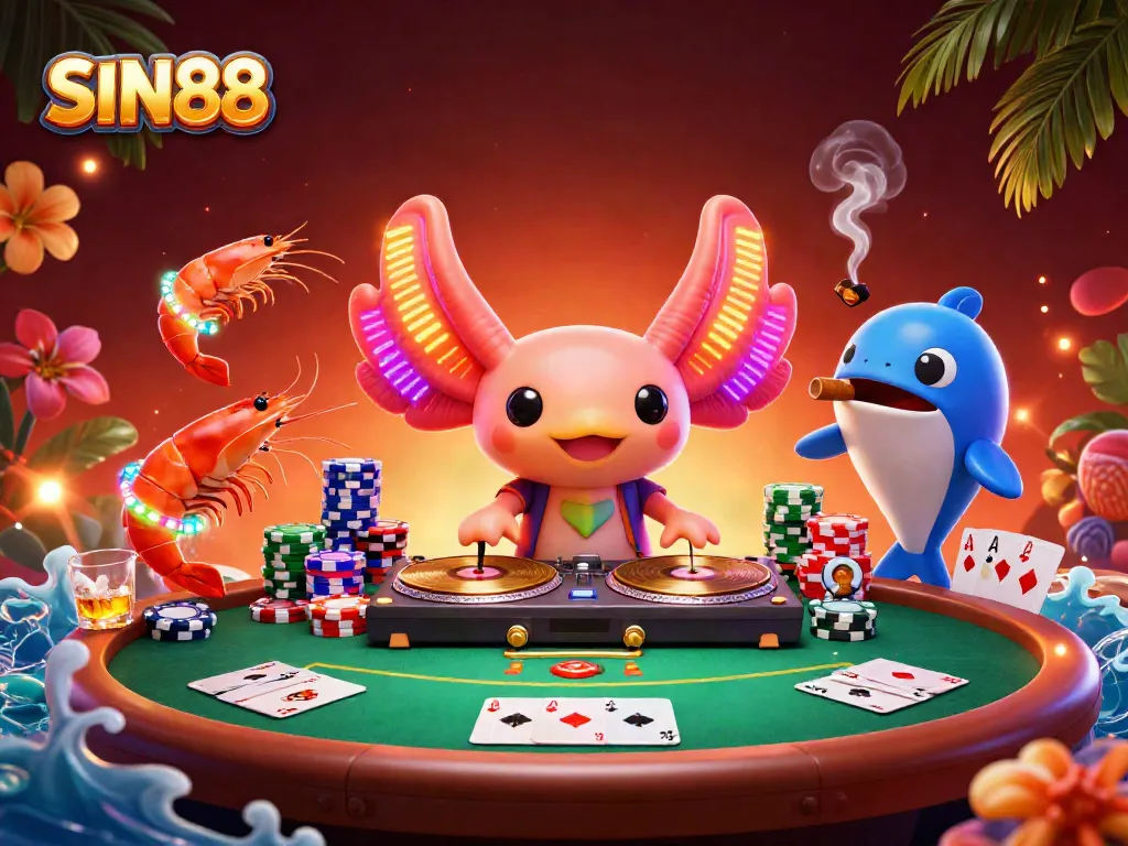 SIN88 showcases vibrant casino fun with a neon DJ and poker action, inspiring gambling excitement.