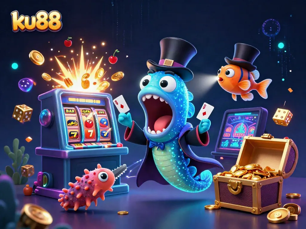 ku88 gaming experience with a bioluminescent eel performing magic tricks amidst a vibrant casino scene.