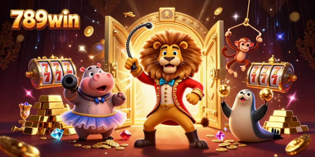 Engage in the exciting world of 789win with colorful carnival characters and gold treasures.