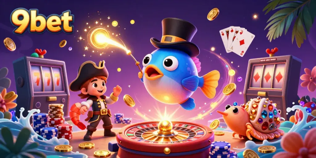 9bet attracts players with a vibrant 3D illustration of a deep-sea anglerfish and treasures.