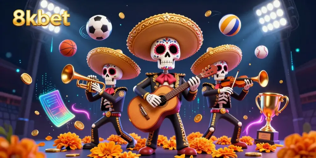 Experience thrilling sports action with 8xbet's vibrant 3D illustration featuring energetic mariachi skeletons.