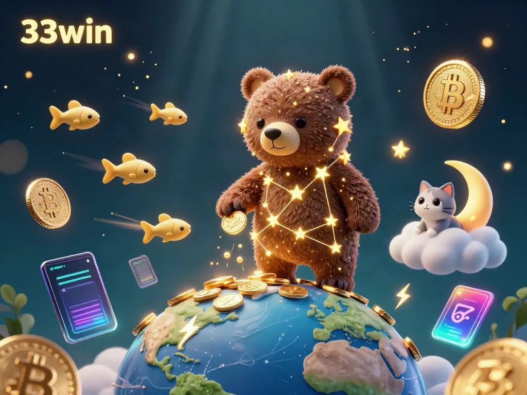 Experience the thrill of 33win with a vibrant digital casino scene featuring cosmic characters and crypto elements.