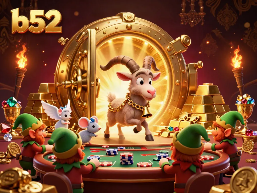 Experience the excitement of b52 in a thrilling casino scene with festive characters and gold treasures.