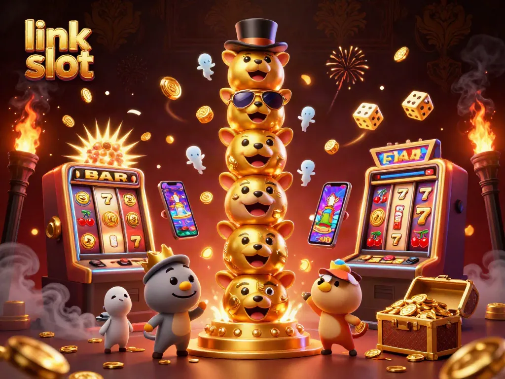 Experience the thrill of link slot gameplay with vibrant 3D illustrated characters and dynamic casino elements.