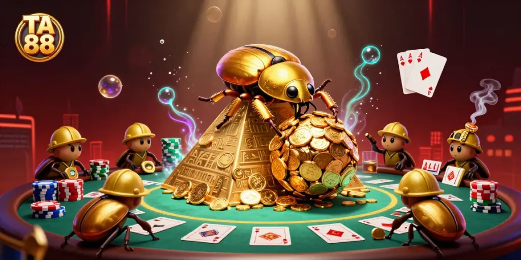 Experience the excitement of TA 88 with a massive golden beetle rolling coins, poker elements around.