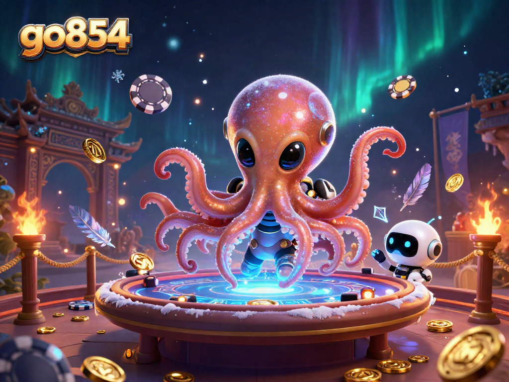 Engage in thrilling poker gameplay with go854 alongside a cartoon alien octopus and robot.