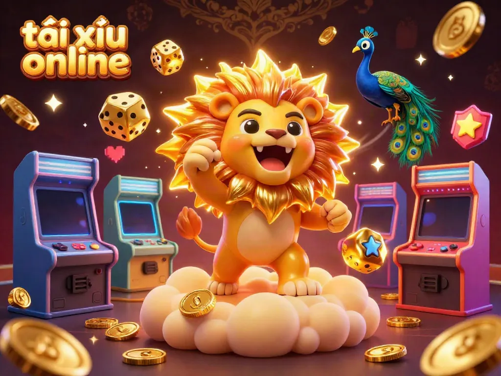 Experience the thrill of tài xỉu online with a vibrant 3D illustration featuring playful characters and dynamic casino elements.